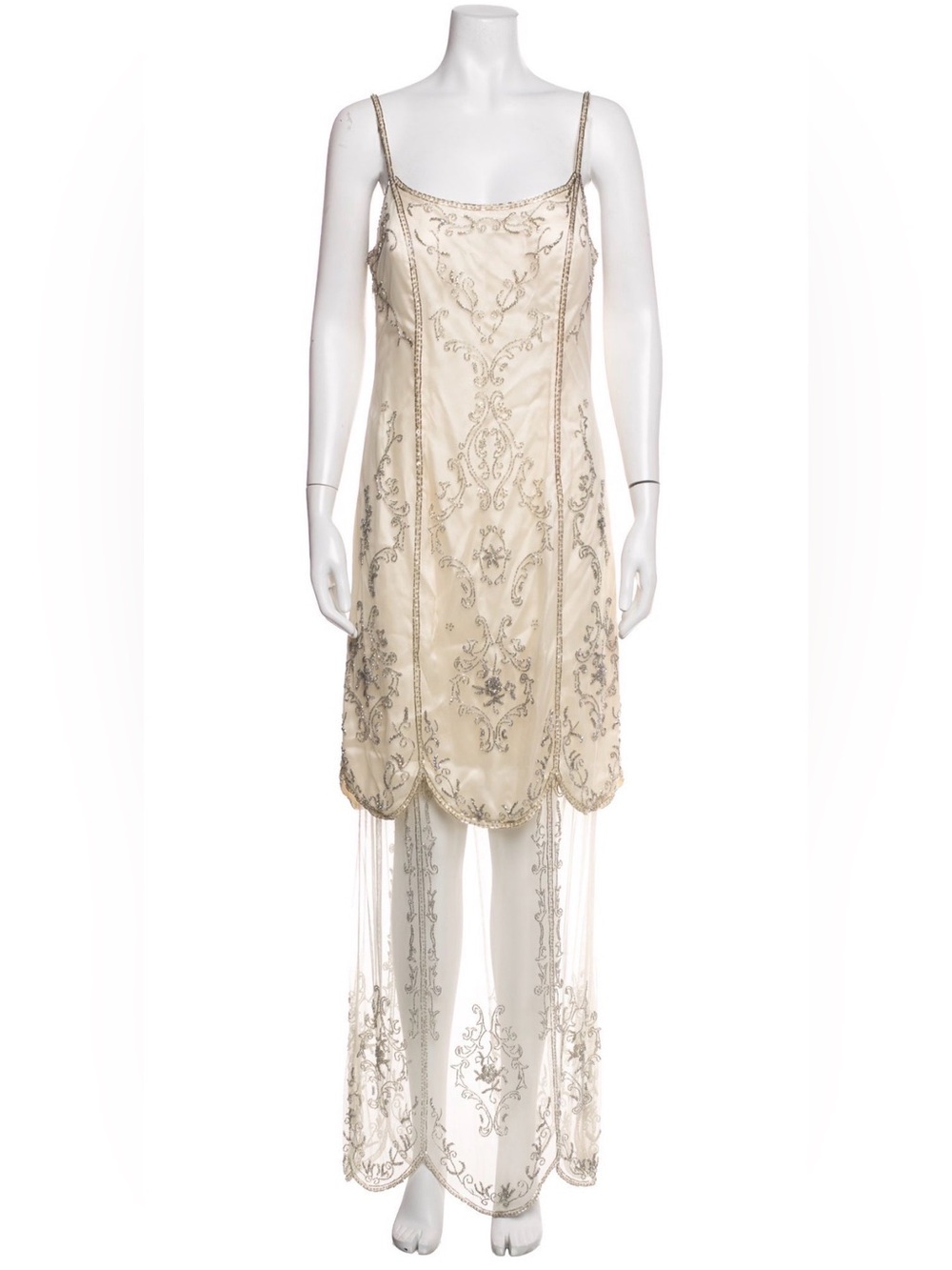Sue Wong Ivory Beaded Sheer Overlay Slip Dress
